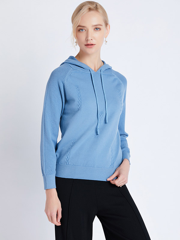 Blue Fine Knit Long Sleeves Hoodies