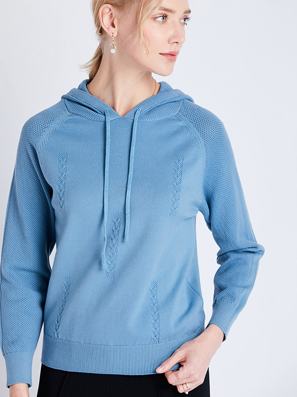 Blue Fine Knit Long Sleeves Hoodies