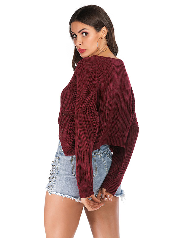 Red Long Sleeves Oversize Knit Cropped Tops