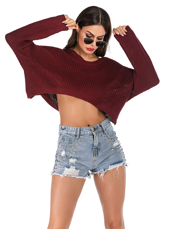 Red Long Sleeves Oversize Knit Cropped Tops