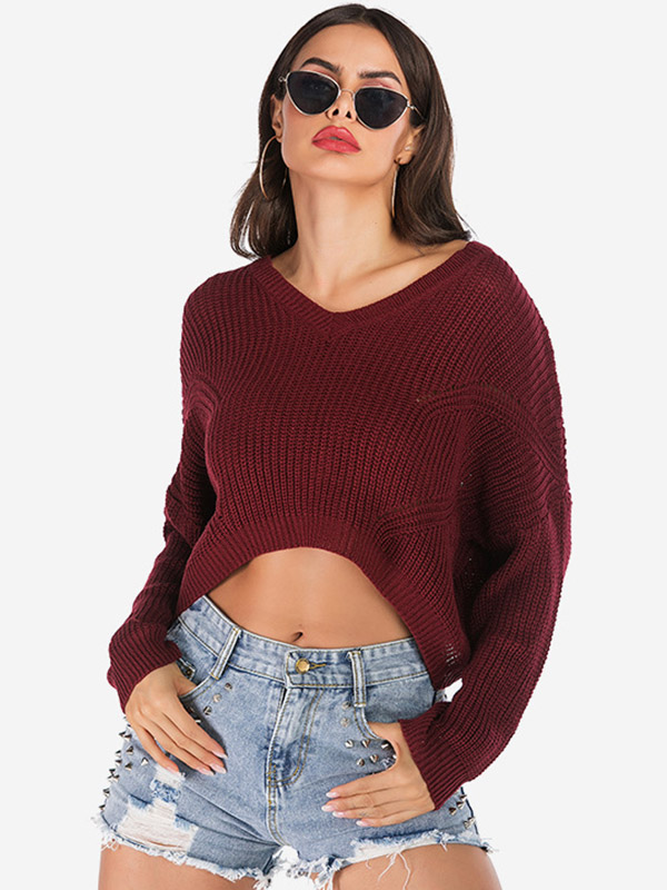 Red Long Sleeves Oversize Knit Cropped Tops