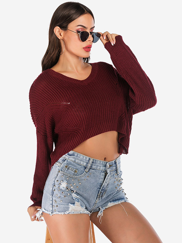 Red Long Sleeves Oversize Knit Cropped Tops