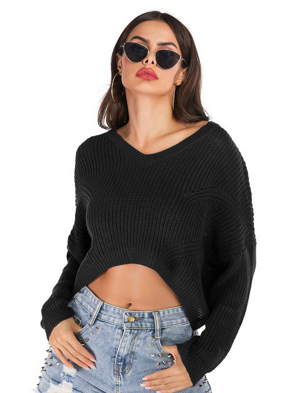 Black Long Sleeves Oversize Knit Cropped Tops