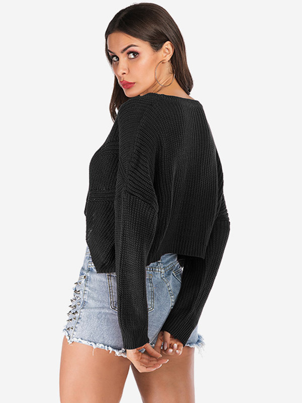 Black Long Sleeves Oversize Knit Cropped Tops