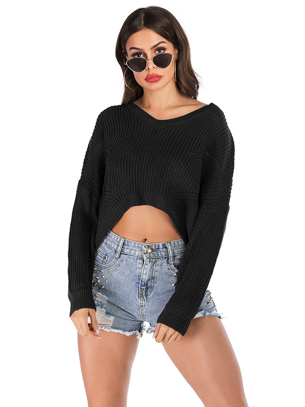 Black Long Sleeves Oversize Knit Cropped Tops