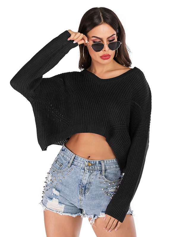 Black Long Sleeves Oversize Knit Cropped Tops