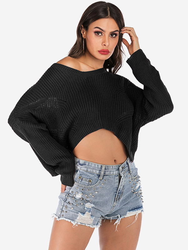 Black Long Sleeves Oversize Knit Cropped Tops