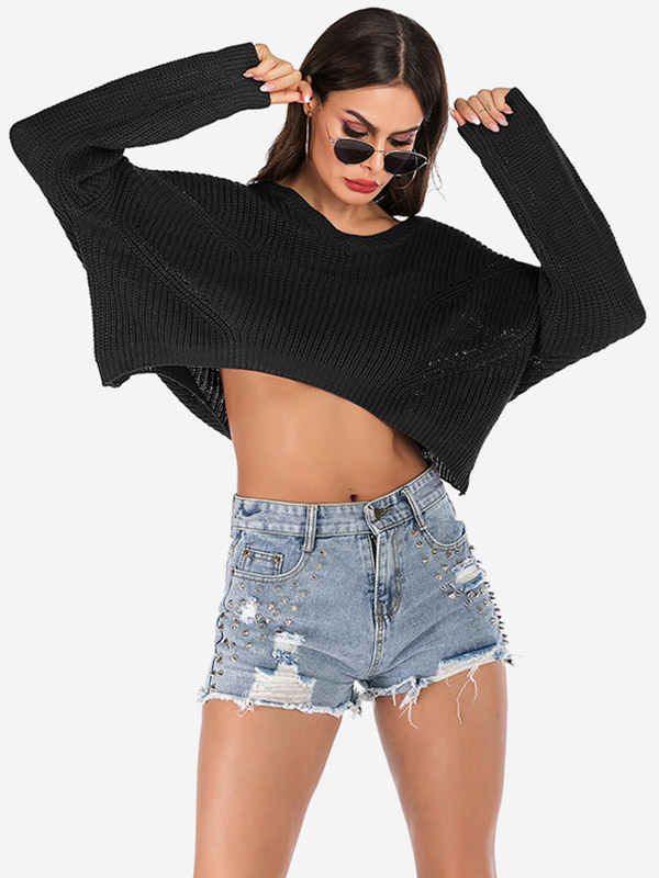 Black Long Sleeves Oversize Knit Cropped Tops