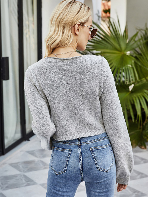 Grey Knit Cropped Tops with Tie front