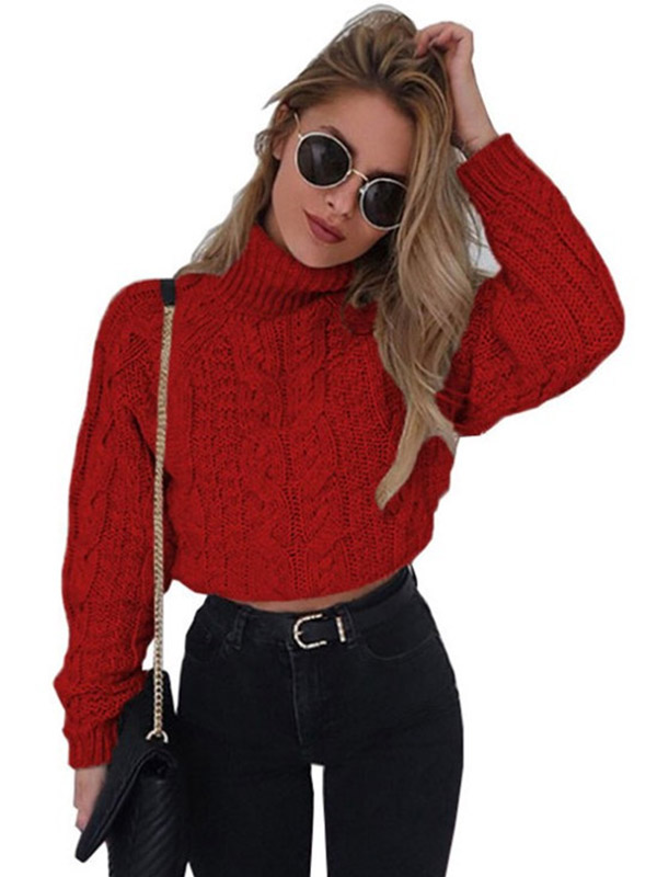 Red High Neck Long Sleeves Cropped Tops