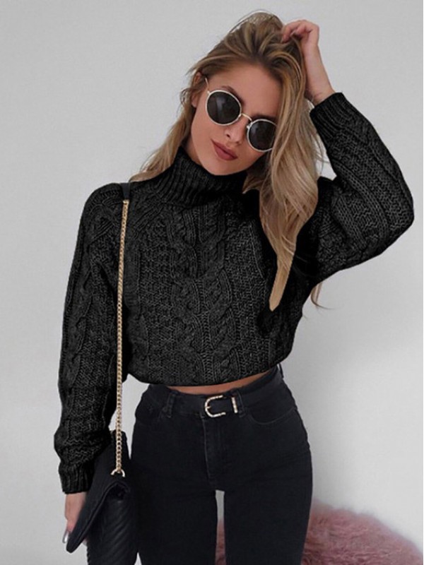 Black High Neck Long Sleeves Cropped Tops