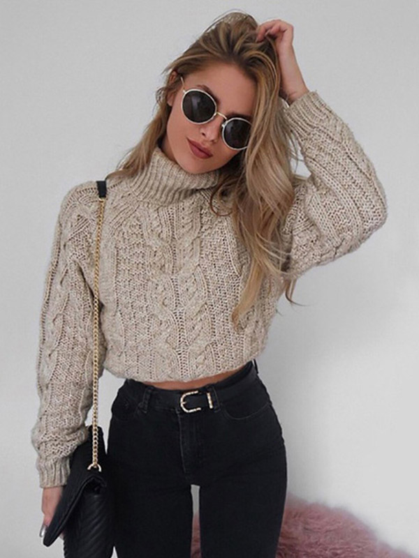 Khaki High Neck Long Sleeves Cropped Tops