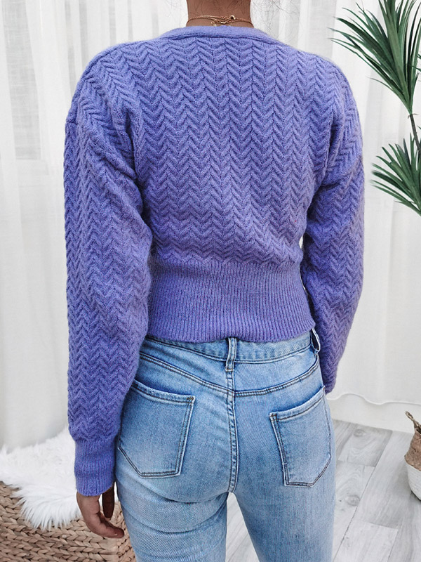 Purple V-neck Cropped Tops with Button Front