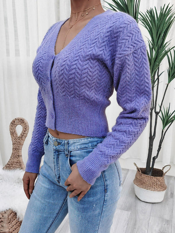 Purple V-neck Cropped Tops with Button Front