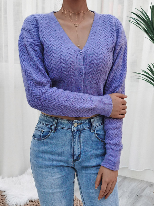 Purple V-neck Cropped Tops with Button Front