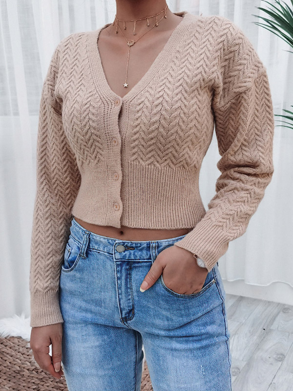 Khaki V-neck Cropped Tops with Button Front