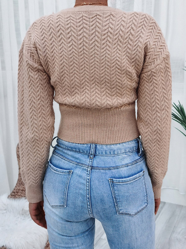 Khaki V-neck Cropped Tops with Button Front