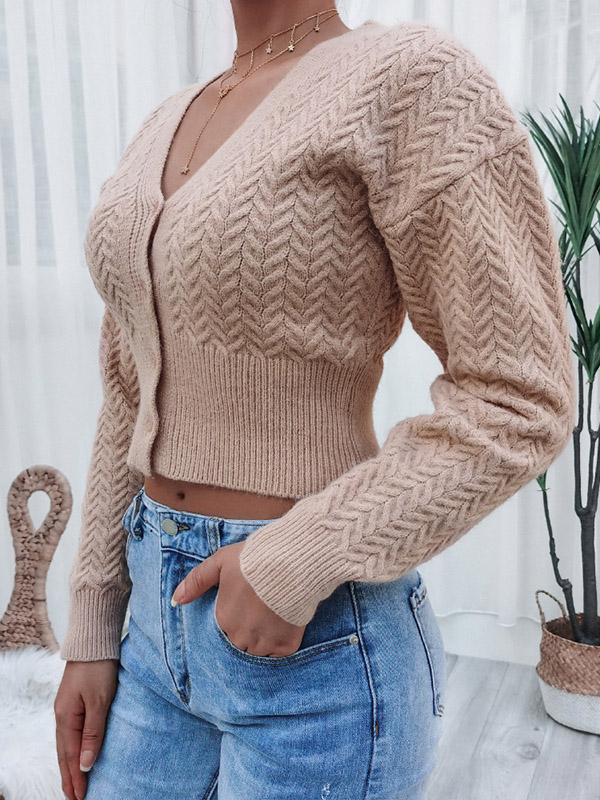 Khaki V-neck Cropped Tops with Button Front