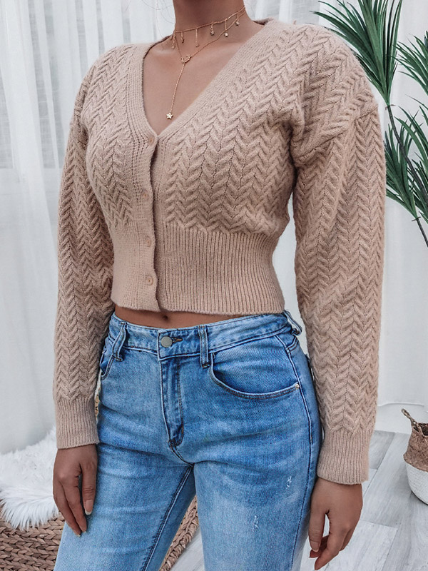 Khaki V-neck Cropped Tops with Button Front