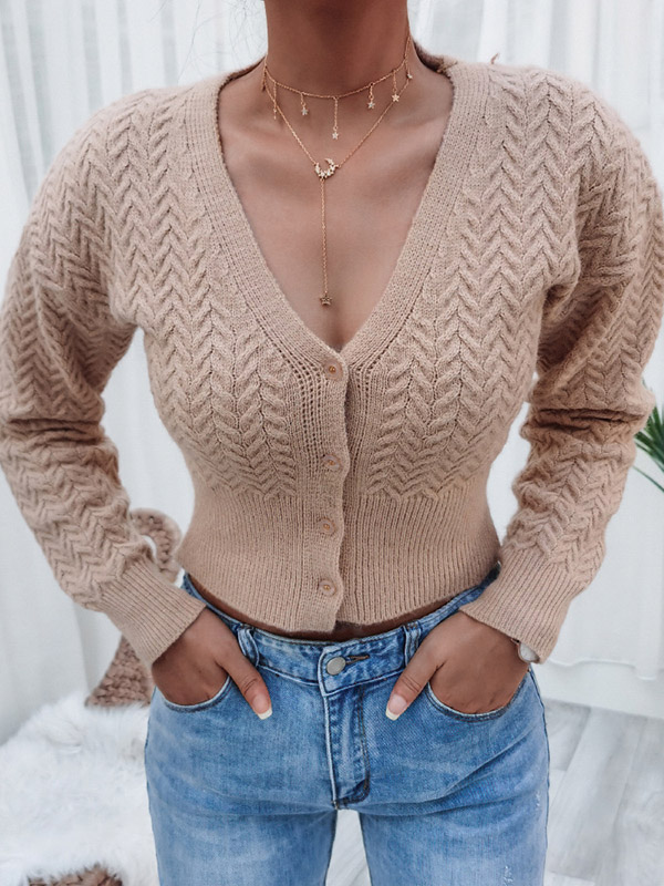 Khaki V-neck Cropped Tops with Button Front