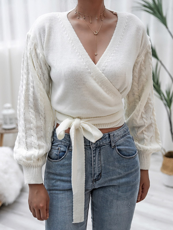 White Plunge V-neck Cropped Tops with Tie Front