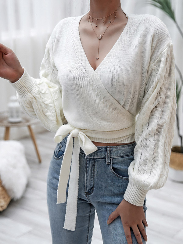 White Plunge V-neck Cropped Tops with Tie Front