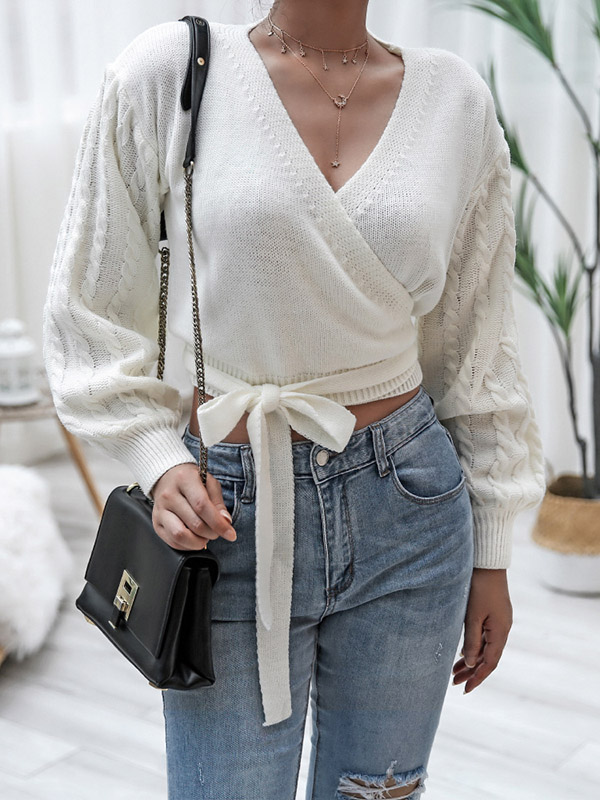 White Plunge V-neck Cropped Tops with Tie Front