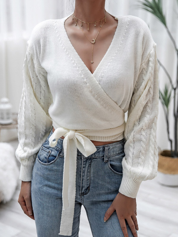 White Plunge V-neck Cropped Tops with Tie Front