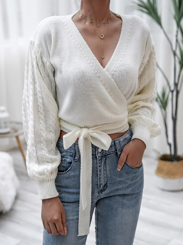 White Plunge V-neck Cropped Tops with Tie Front