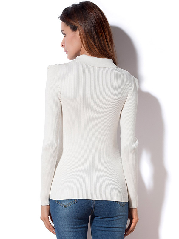 White Turn-down Collar Sweaters with Button Decorated