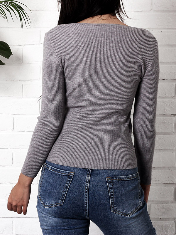 Grey V-neck Ruched Design Cropped Tops