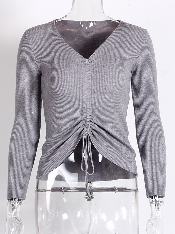 Grey V-neck Ruched Design Cropped Tops