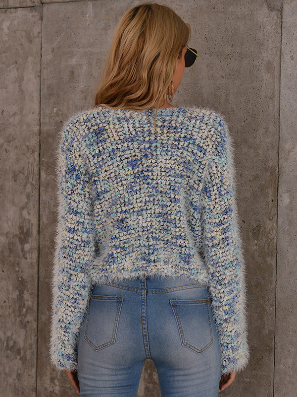 Blue Oversize Plush Knit Cropped Tops