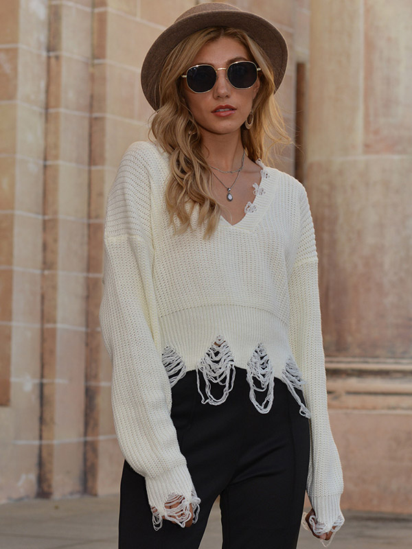 White Oversize V-neck Tassel Knit Cropped Tops