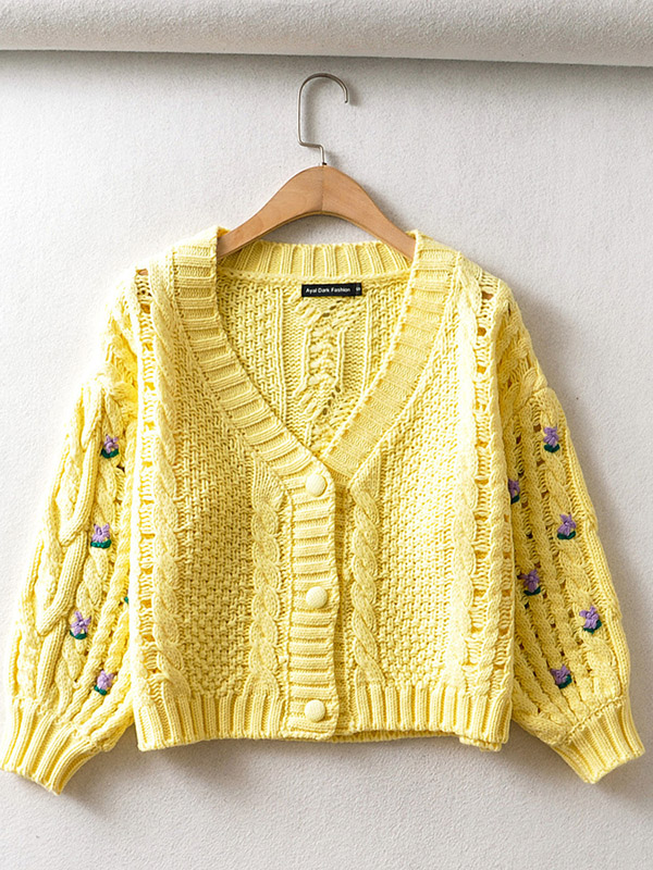 Yellow Floral Pattern Knit Cropped Tops