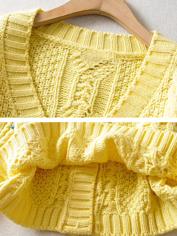 Yellow Floral Pattern Knit Cropped Tops