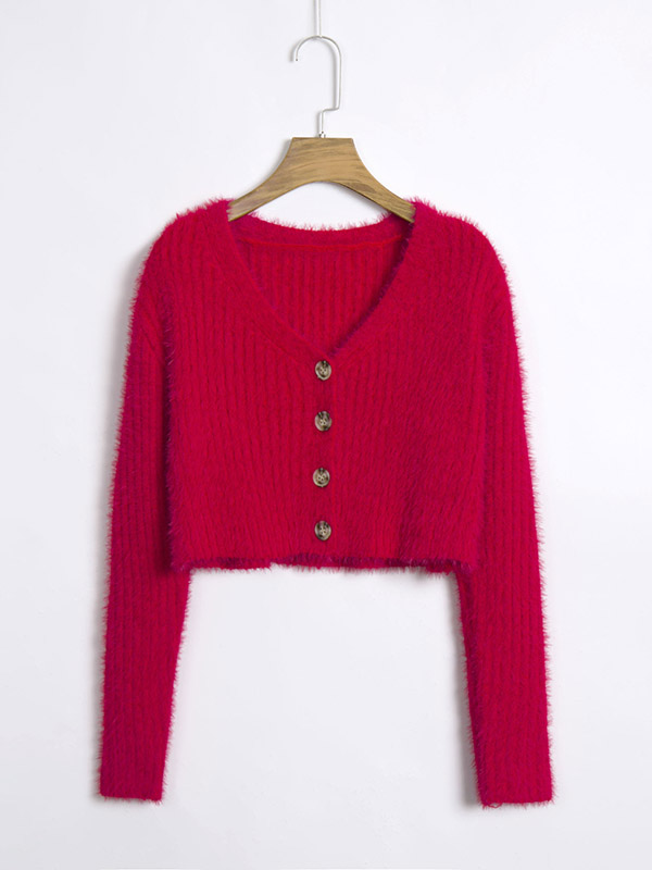 Red Knit Cropped Tops with Button Front