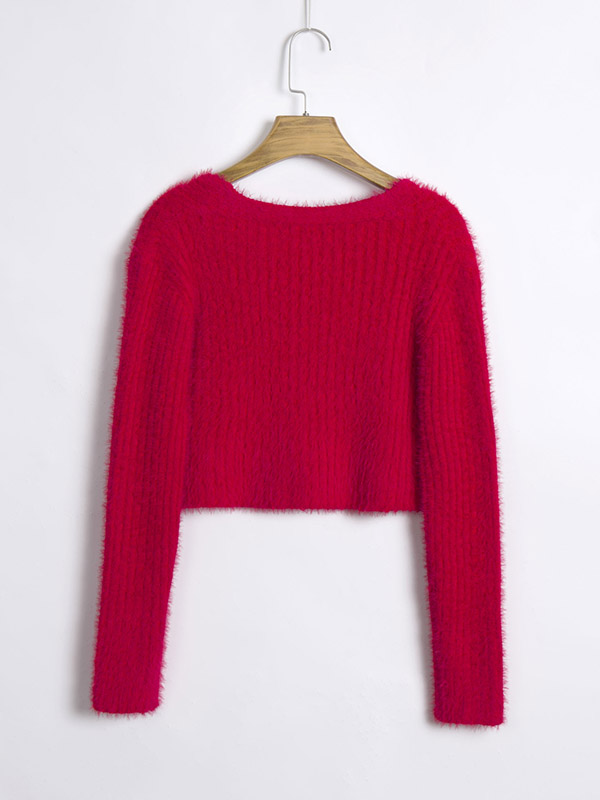 Red Knit Cropped Tops with Button Front