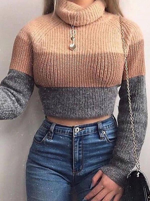 Multi-Color Splicing Turtle Neck Cropped Tops