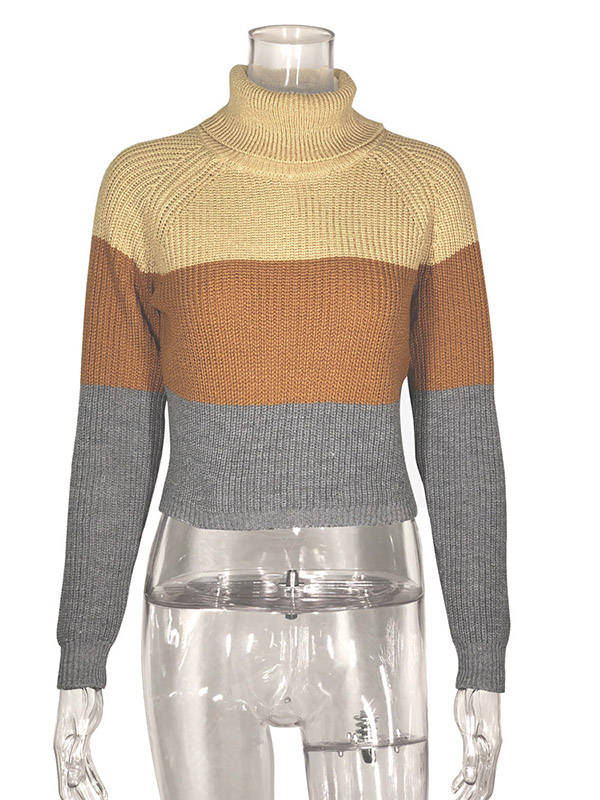 Multi-Color Splicing Turtle Neck Cropped Tops