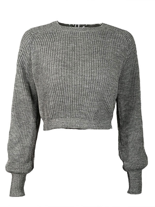 Grey Puff Sleeve Knit Cropped Tops