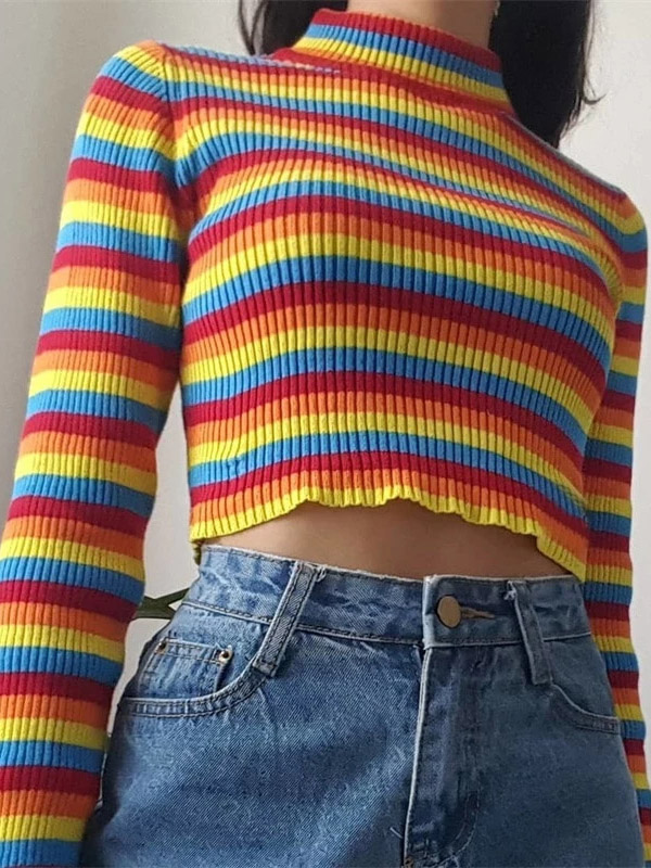 Multi-Color Stripes High-Neck Cropped Tops