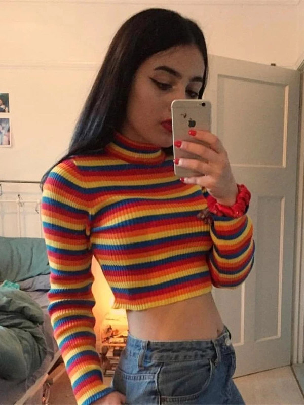 Multi-Color Stripes High-Neck Cropped Tops