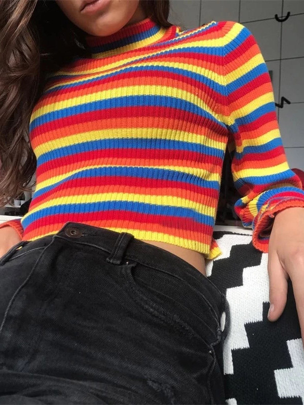 Multi-Color Stripes High-Neck Cropped Tops