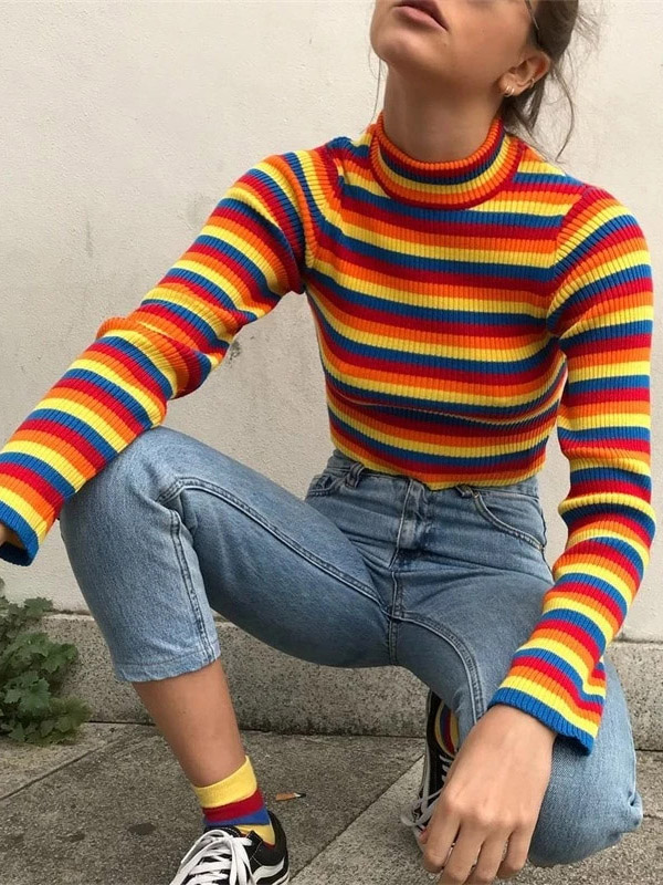 Multi-Color Stripes High-Neck Cropped Tops