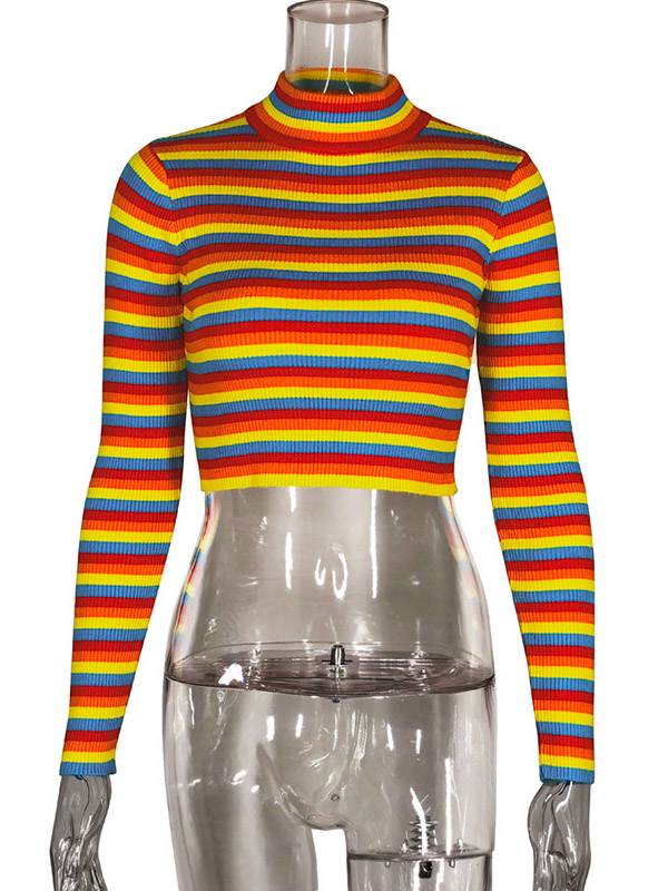 Multi-Color Stripes High-Neck Cropped Tops