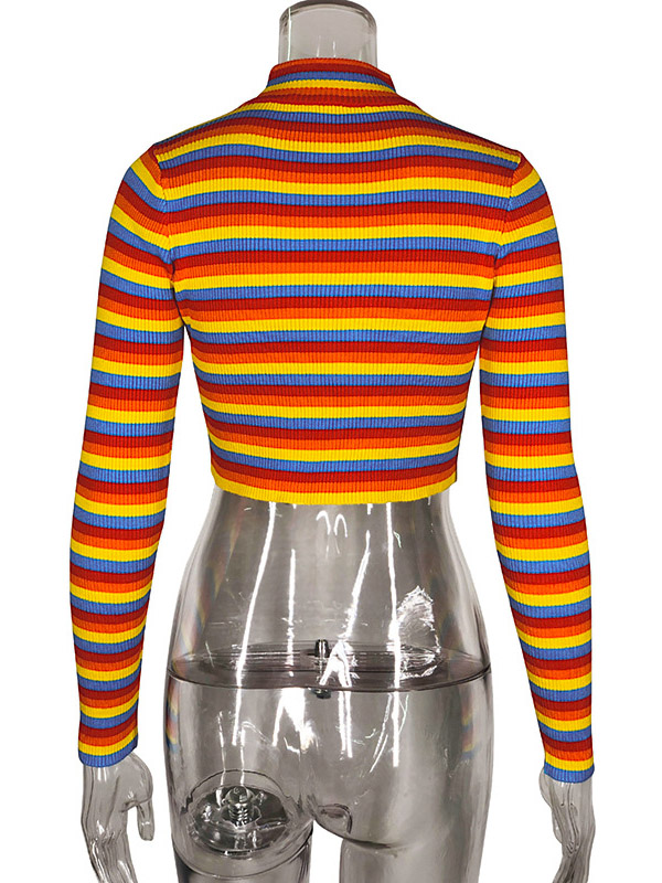 Multi-Color Stripes High-Neck Cropped Tops