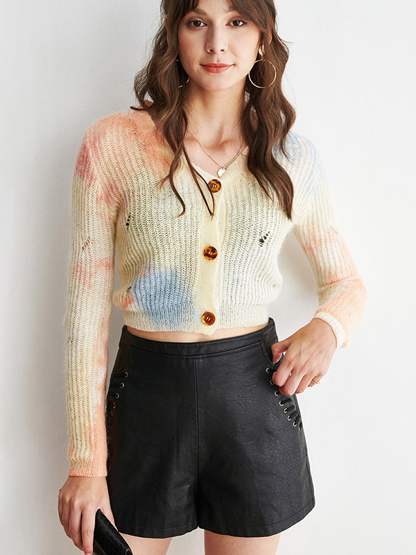 Multi-Color V-neck Cropped Tops with Button Front