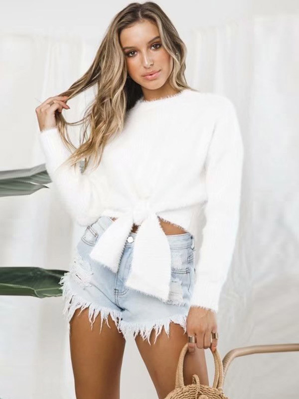 White Plush Cropped Tops with Tie Front