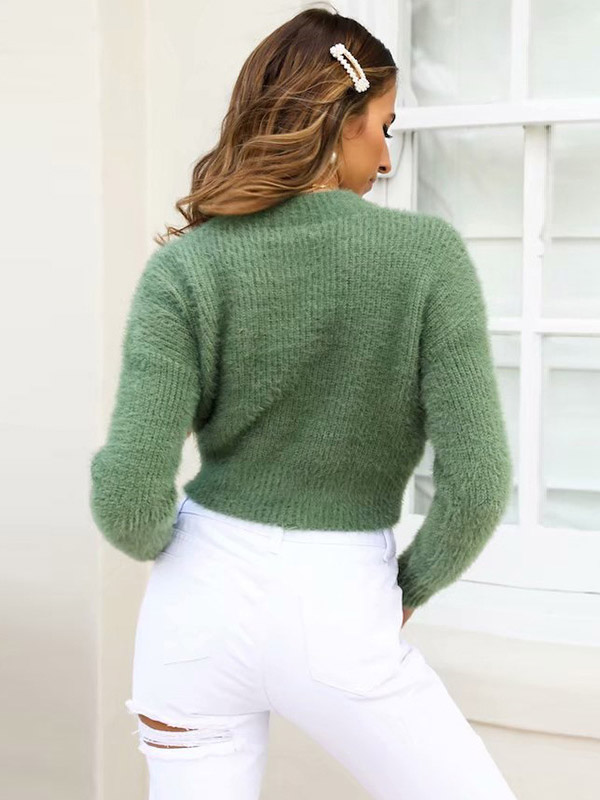 Green Plush Cropped Tops with Tie Front